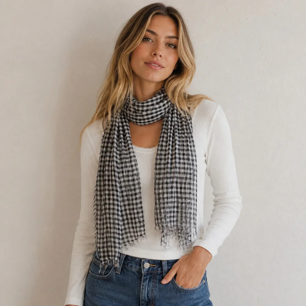 J. Crew Gingham White & Black Light Weight 100% Organic Cotton Scarf 70in x 25in